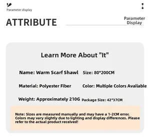 Size and material details chart for 80x200cm cashmere-like polyester scarves