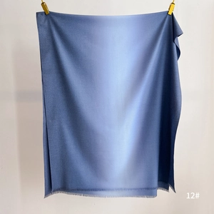 Detail of blue gradient cashmere-like scarf showing fine knit texture and fringed edges