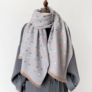 Thick grey heart-print scarf wrap with colorful patterns and fringe tassels for women