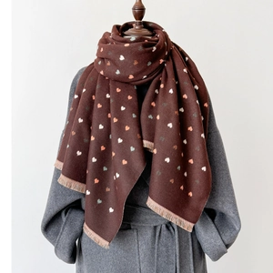 Thick coffee brown heart pattern winter scarf with tassels for women, warm knit shawl