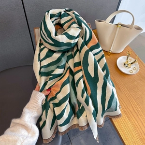 Green and orange zebra print imitation cashmere scarf with soft fringe tassels