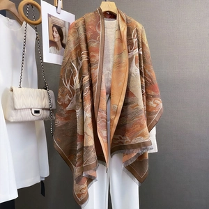 Vintage Deer Jacquard Shawl Scarf For Women Elegant Imitation Cashmere Tassel Wrap Fall Winter Warm Artistic Landscape Print Scarf