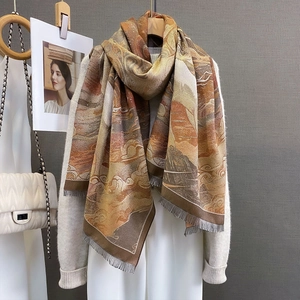 Vintage landscape jacquard shawl with fringe edges for elegant autumn styling