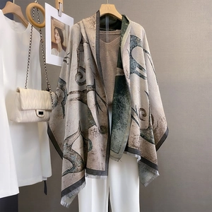 Retro sika deer jacquard scarf and shawl with tassels in beige and dark green