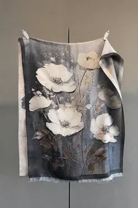 Vista dettagliata della trama jacquard floreale e delle morbide frange su questa sciarpa
