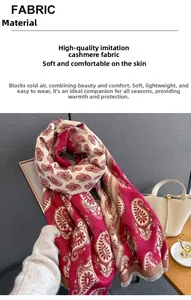 Detail of red and beige paisley scarf featuring high-quality imitation cashmere fabric texture
