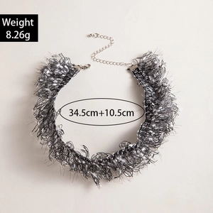 Detail of tweed lace choker necklace showing metal clasp and size specifications