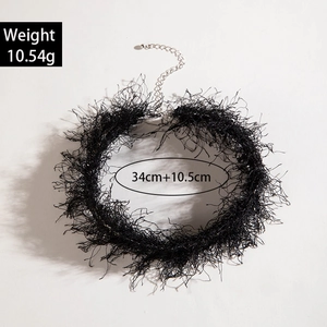 Retro black lace choker necklace with feather texture and silver extension chain detail