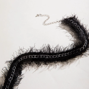 Macro detail of black feather lace choker featuring an inlaid silver metal chain