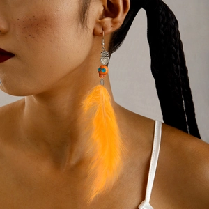 Détail de boucles d'oreilles plumes orange avec cœur crâne portées par un mannequin