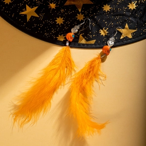 Boucles d'oreilles Halloween plumes oranges avec crâne et cœur sur fond de sorcière