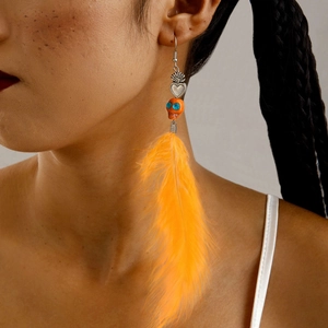 Boucles D'oreilles Halloween Plumes Orange Alliage Résine Crâne Coeur Gothique Bohème Longues Pendantes Bijoux Pour Femmes