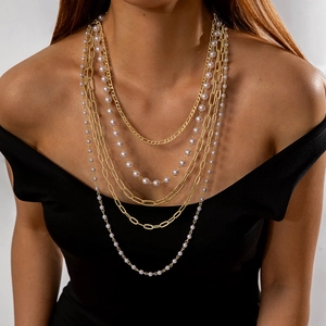 Multi Layer Necklace Alloy Faux Artificial Pearl Gold Tone Figaro Paperclip Chain Elegant Jewelry For Women