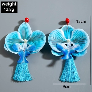 Detail of blue orchid tassel earrings showing size 15cm x 9cm and weight 12.8g