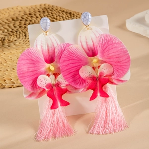 Pink orchid tassel earrings with marble texture stud and long silk fringe detail