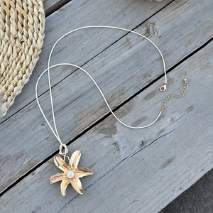 Gedetailleerd beeld van een gouden zeester hanger met parel aan een lange ketting