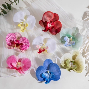 Stereoscopic colorful orchid flower earrings shown in eight vibrant styles and colors