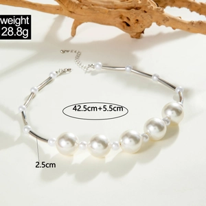 Modern oversized pearl necklace with silver metal pipes and adjustable chain length