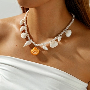 Shell Pendant Necklace Faux Artificial Pearl Beaded Bohemian Summer Beach Ocean Theme Jewelry With Conch Scallop Charms For Women