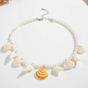 Beaded faux pearl necklace with colorful seashell and scallop pendants for women