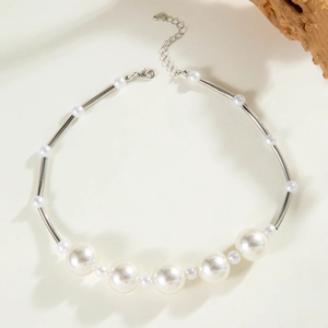 Fashionable large pearl necklace with silver metal tubes and adjustable lobster clasp