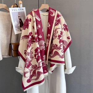 Peony floral print cashmere-feel shawl scarf with tassels and retro color-blocking design