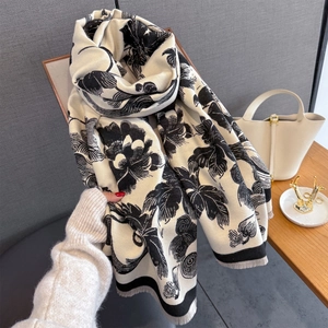 Off-white floral cashmere-like shawl with black botanical prints and tassel edges