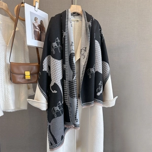 Classic cashmere-style scarf with horse print and houndstooth pattern and fringe edge