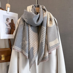 Classic faux cashmere scarf with vintage horse print and houndstooth pattern with tassels