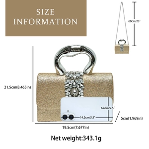 Guide des tailles pour pochette de soirée dorée à strass avec chaîne argentée