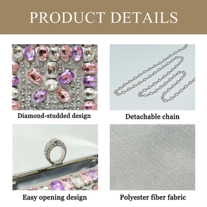 Detail of luxury evening bag with diamond-studded design and detachable silver chain