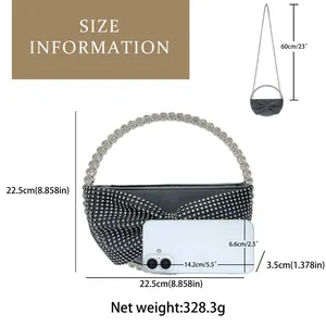 Size chart showing 22.5cm length and dimensions for the rhinestone bow evening bag