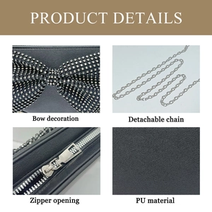 Close-up of black PU leather texture with rhinestone bow detail and metal chain strap