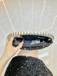 Black sequin evening bag with round handle and silver chain strap for women party