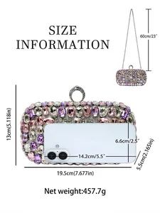 Sparkling crystal rhinestone evening clutch bag with chain strap and size dimensions