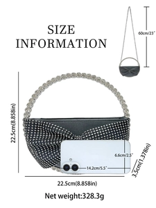 Rhinestone bow evening bag size info with silver chain strap and dimensions