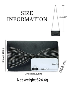 Infos taille pochette de soirée noire avec nœud en strass et chaîne argent