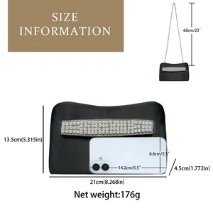 Size guide for luxury pearl evening clutch bag with dimensions and strap length details