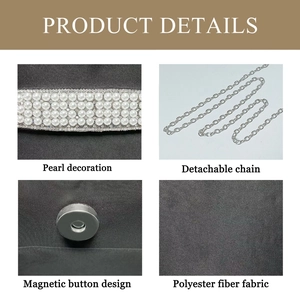 Detailed view of pearl embellishments, silver metal chain, and magnetic buckle on the bag