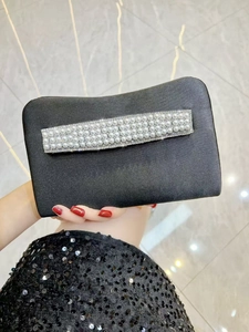 Women Satin Evening Clutch Bag Elegant Faux Artificial Pearl Rhinestone Handbag For Wedding Party Banquet With Detachable Chain