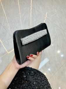 Elegant black satin clutch evening bag with four rows of pearls and rhinestone accents
