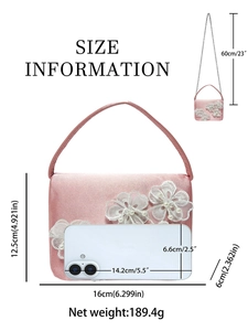 Pochette de soirée en satin rose avec fleurs en dentelle et détails des dimensions