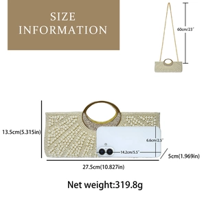 Size chart showing dimensions and weight for this pearl evening bag with gold chain