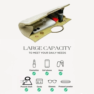 Detailed interior of champagne evening bag showing spacious capacity for phone and makeup