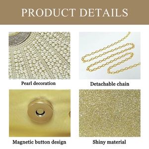 Detail showing pearl decoration, detachable chain, and magnetic button on the gold evening bag