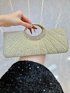 Luxury Artificial Pearl Rhinestone Evening Clutch Bag Elegant Wedding Party Handbag With Metal Ring Handle And Detachable Chain