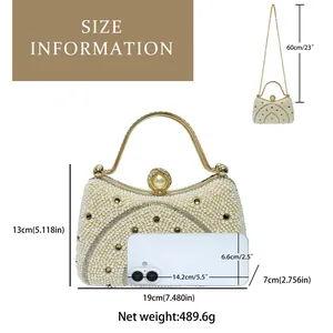 Tableau des tailles pour pochette de soirée en perles mesurant 19cm x 13cm x 7cm avec chaîne