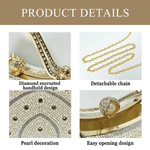 Détails de pochette de soirée de luxe avec perles blanches, strass et chaîne