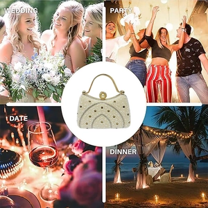 Détail du sac de soirée élégant en perles avec poignée dorée et cristaux pour fête et mariage
