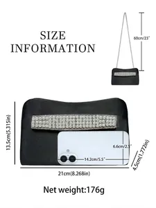 Black satin pearl and rhinestone clutch evening bag with dimensions and chain detail